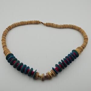 Multi Color Wood Disc Beaded Necklace Natural Bohemian Hippie Tan Teal Red